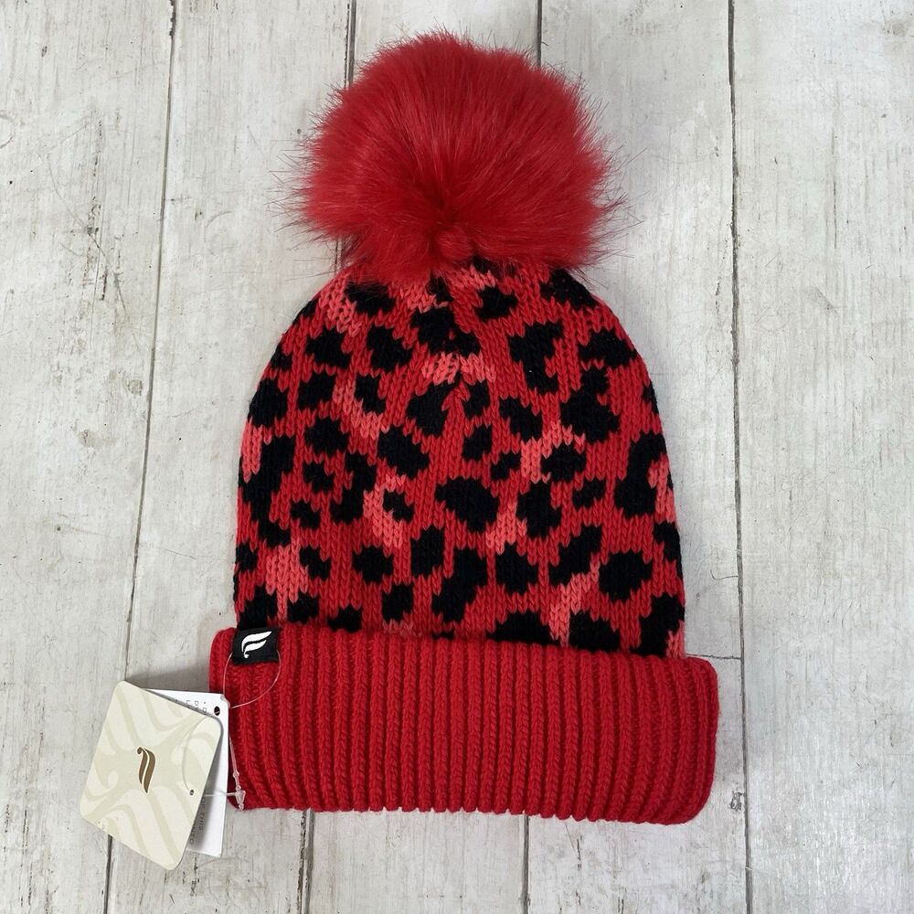 Fabletics Pom Beanie Hat Red Black Print NWT $34.95 MSRP